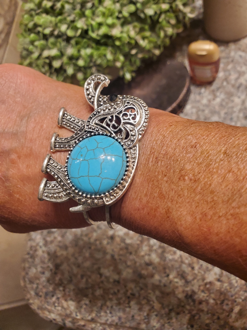 Turquoise Stone Silver Elephant Cuff Bracelet - Women Jewelry - Picture 2 of 5